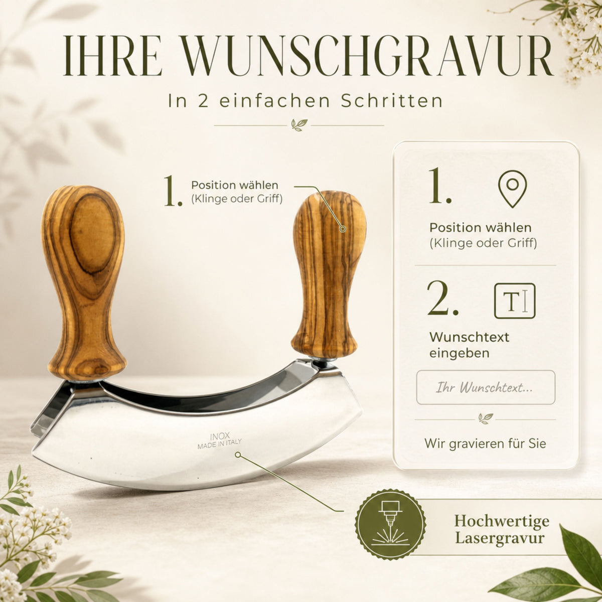 Wiegemesser mit Olivenholzgriffen für Kräuter