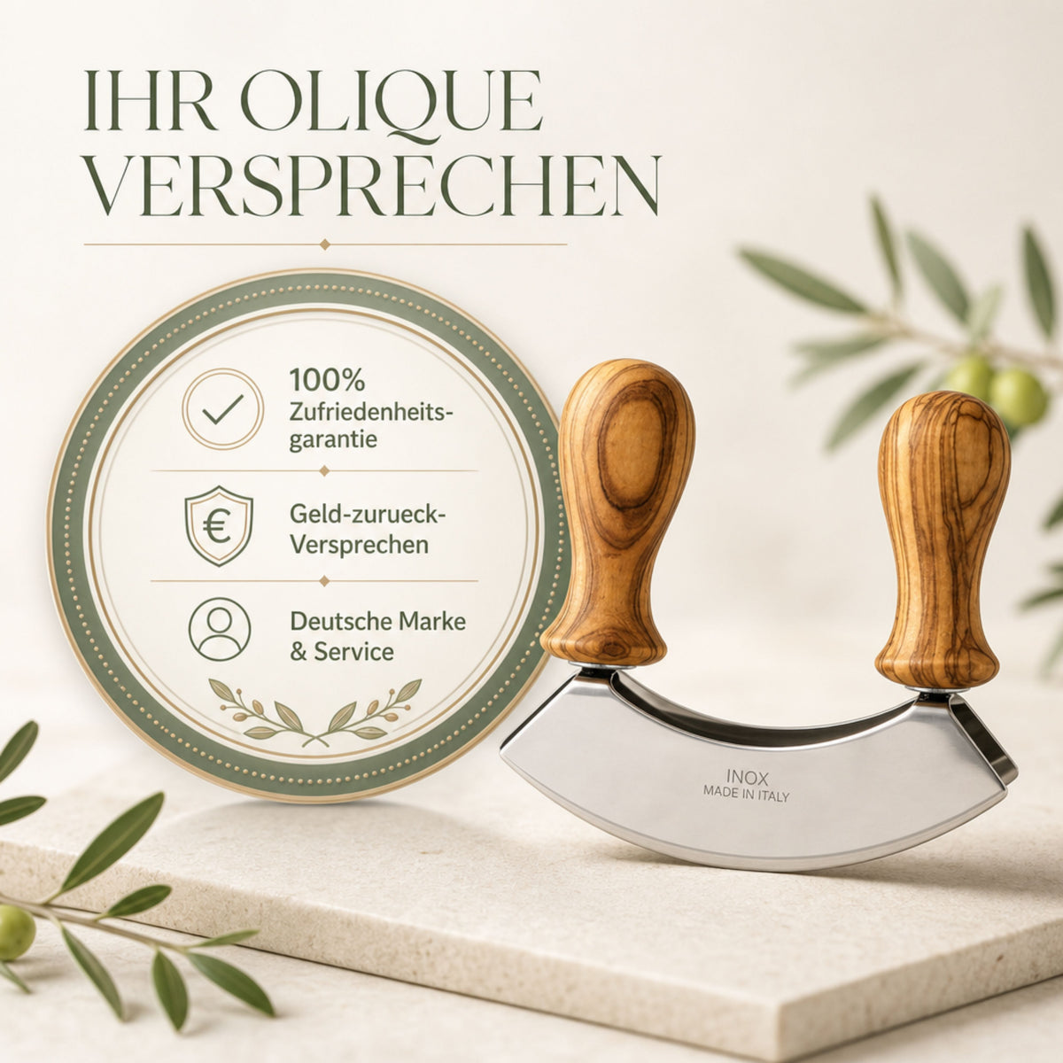Wiegemesser mit Olivenholzgriffen für Kräuter