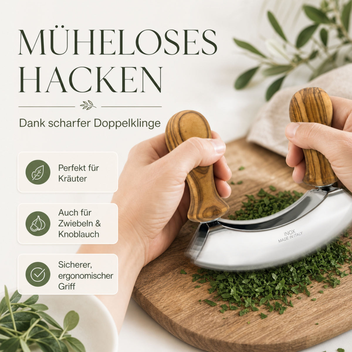 Wiegemesser mit Olivenholzgriffen für Kräuter