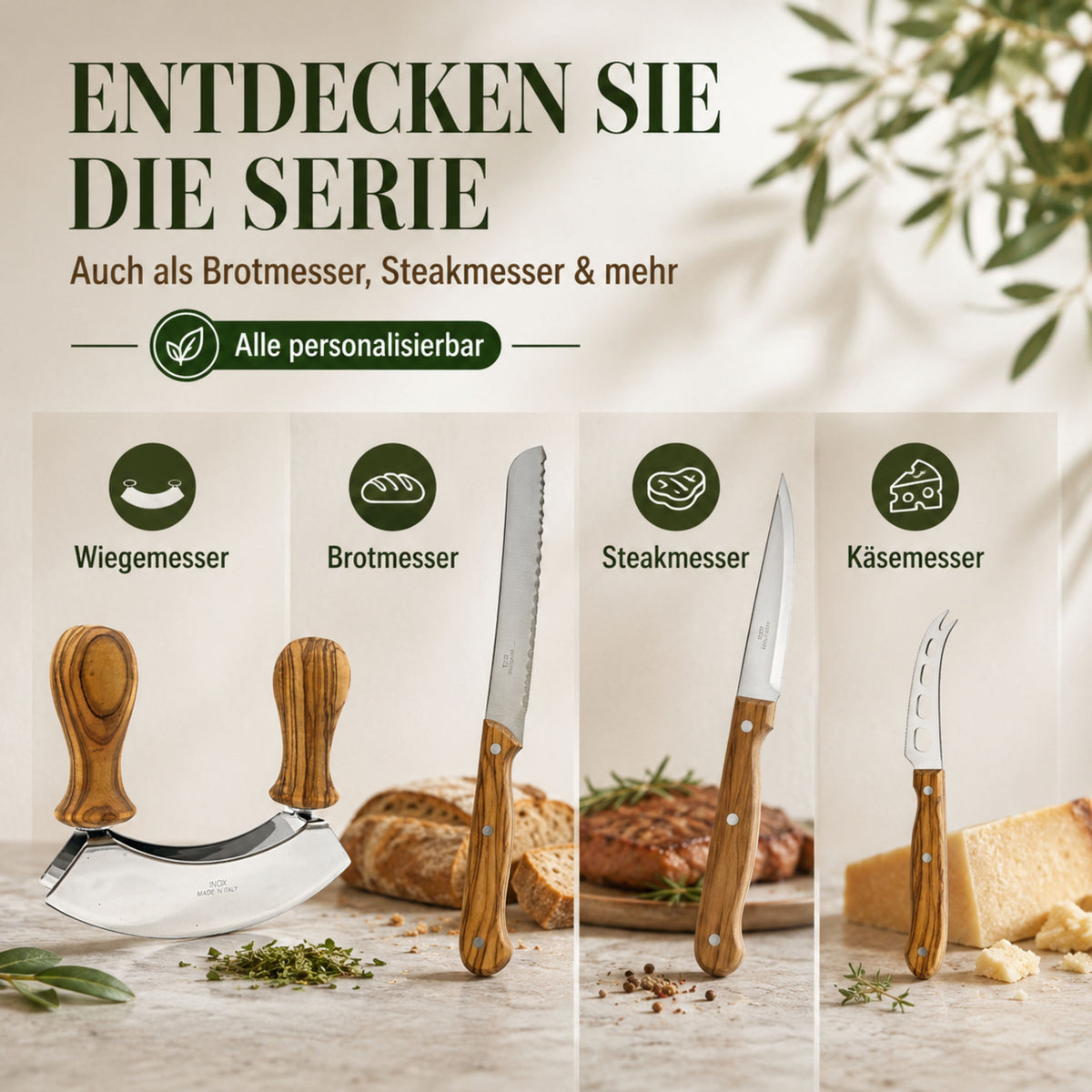 Wiegemesser mit Olivenholzgriffen für Kräuter