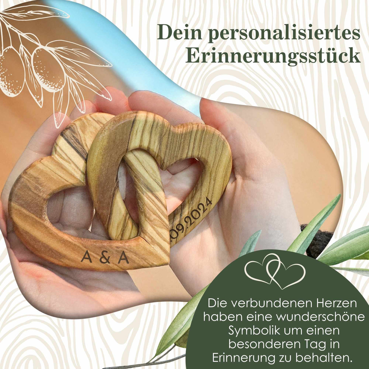 Verbundenes Herz aus Olivenholz – Symbol der Liebe und Verbundenheit
