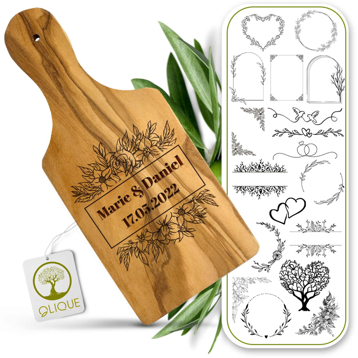 Kräuterbrett mit Griff personalisiert, Olivenholz - Rustikales Olivenholzbrett mit Gravur als Hochzeitsgeschenk