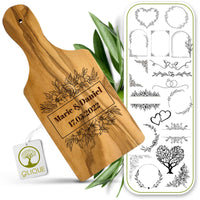 Kräuterbrett mit Griff personalisiert, Olivenholz - Rustikales Olivenholzbrett mit Gravur als Hochzeitsgeschenk