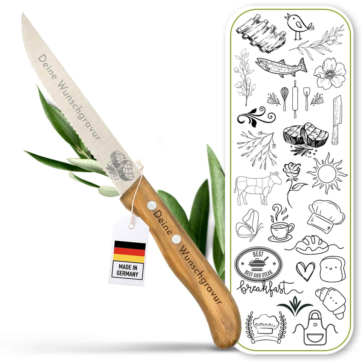 Steakmesser mit Olivenholzgriff – Personalisiert mit Gravur