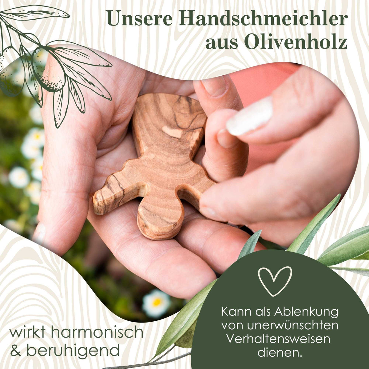 Personalisierter, handgemachter Handschmeichler aus Olivenholz -  als Geschenk zur Geburt, Taufe, Kommunion und Firmung