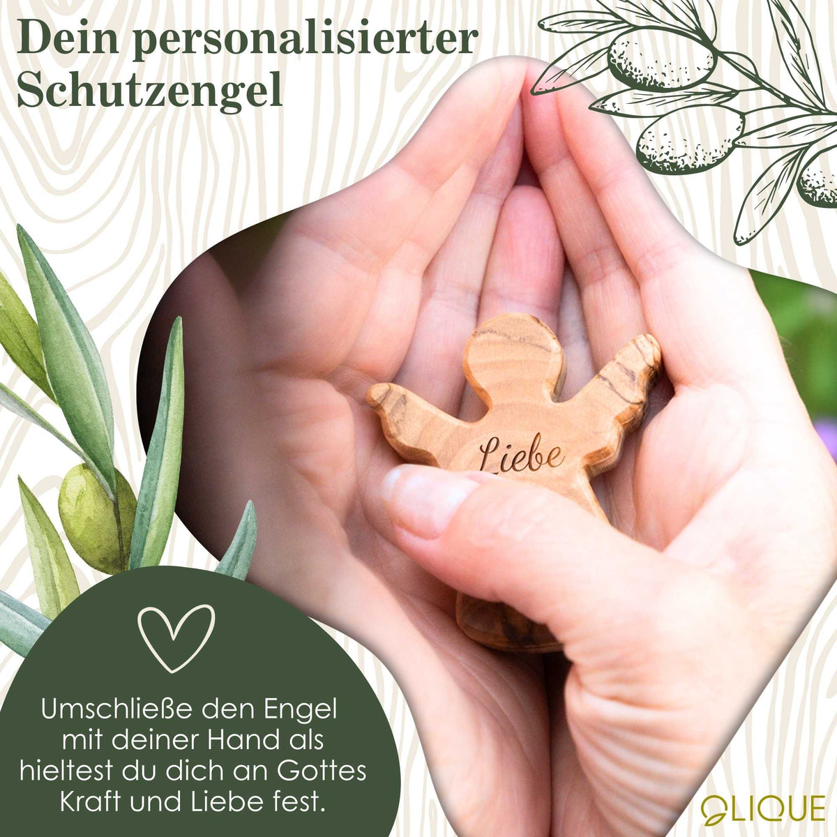 Personalisierter, handgemachter Handschmeichler aus Olivenholz -  als Geschenk zur Geburt, Taufe, Kommunion und Firmung