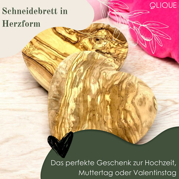 Personalisierbares Schneidebrett in Herzform aus Olivenholz – Einzigartiges Mitbringsel als Geschenk zur Hochzeit