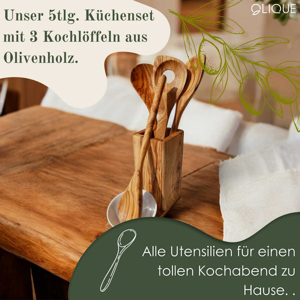 5-teiliges Küchenset aus Olivenholz – Hochwertige Kochlöffel und Keramikschale, langlebig & nachhaltig