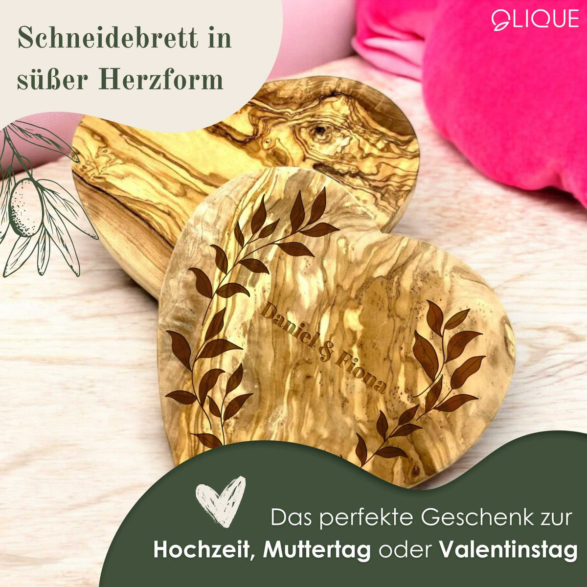 Personalisierbares Schneidebrett in Herzform aus Olivenholz – Einzigartiges Mitbringsel als Geschenk zur Hochzeit