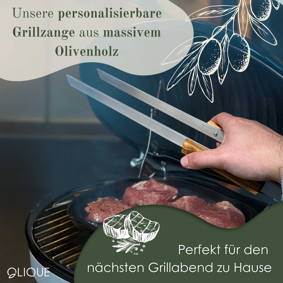 Grillzange XXL 50 cm – personalisierbar mit Gravur, Aluminiumzange und Olivenholzgriff