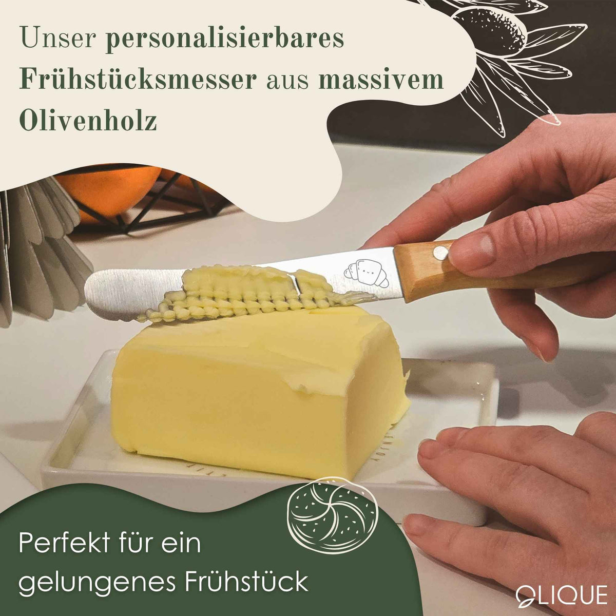 Brötchenmesser personalisiert, Olivenholz - Hochwertiges Solinger Buckelsmesser