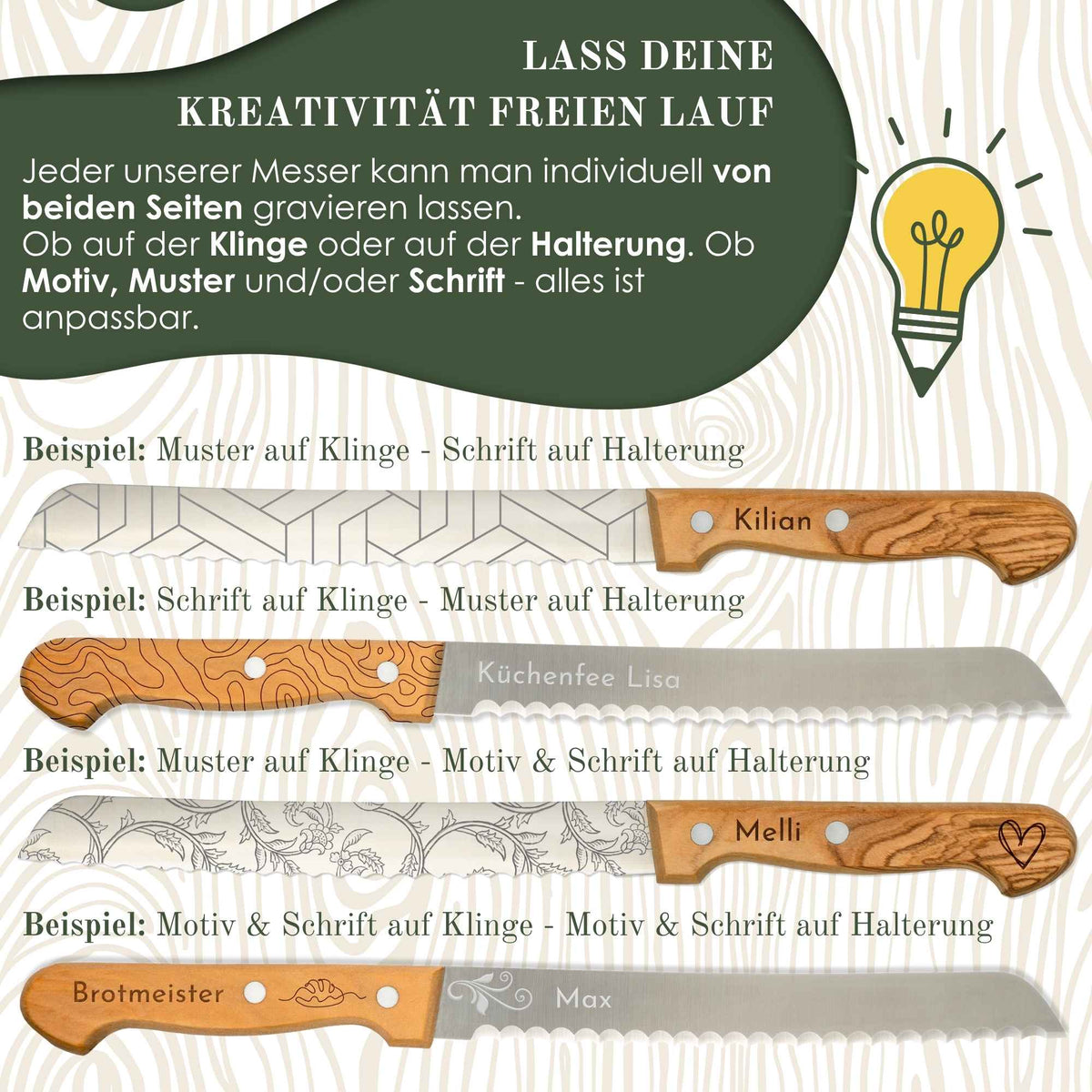 Brotmesser personalisiert, Olivenholz - Hochwertiges Solinger Brotschneidemesser