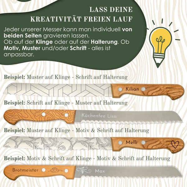 Brotmesser personalisiert, Olivenholz - Hochwertiges Solinger Brotschneidemesser