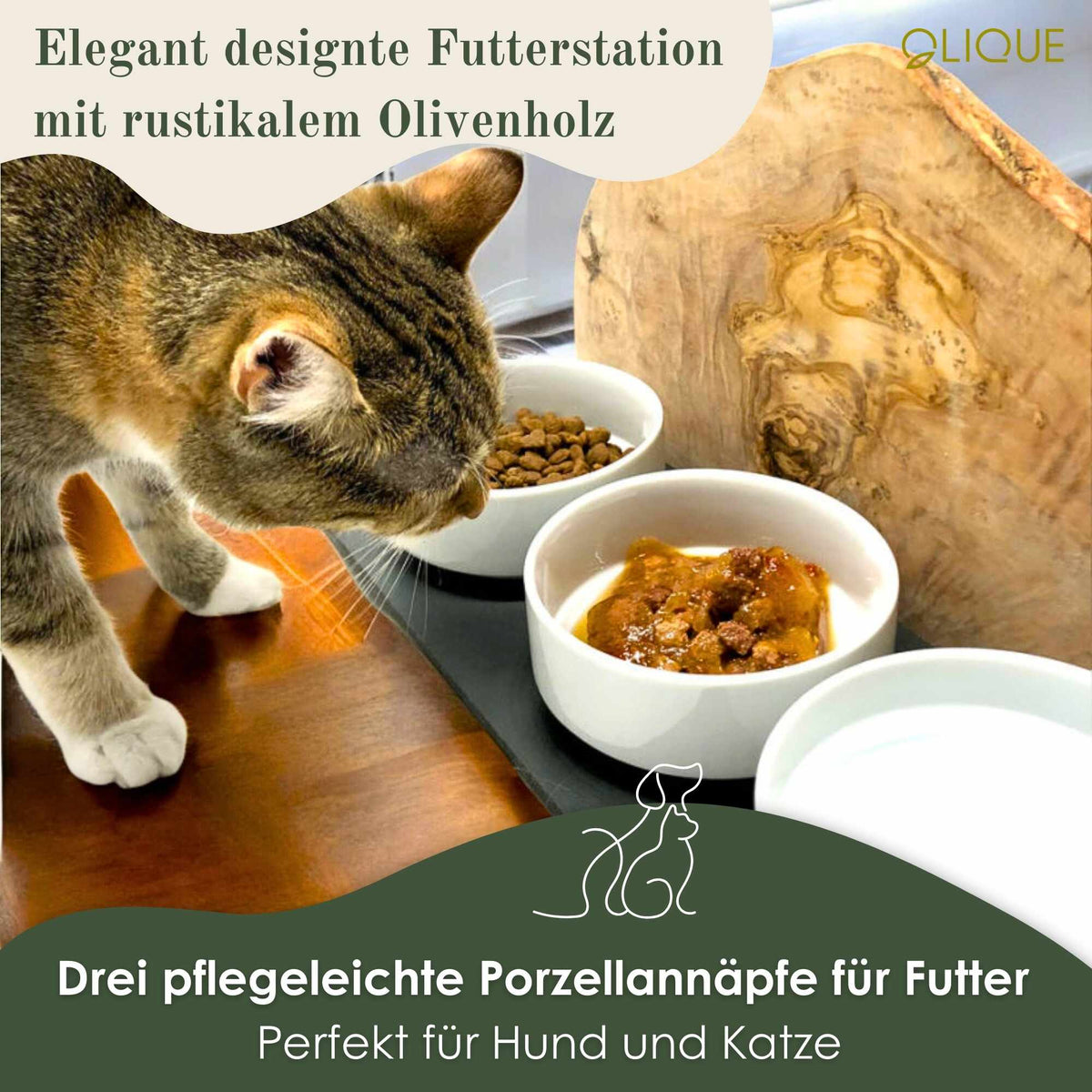 Personalisierbare Futterstation für Hunde & Katzen – Trio mit drei Porzellanschalen aus Olivenholz