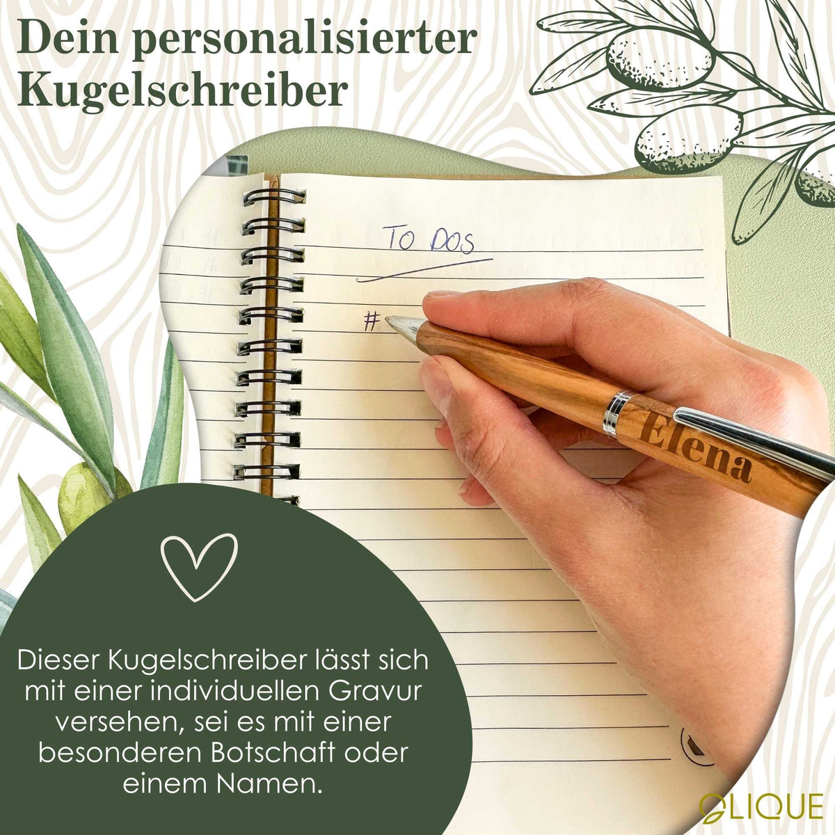 Kugelschreiber personalisiert, Olivenholz - Edler Holzkugelschreiber mit Gravur und Samtetui als individuelles Geschenk