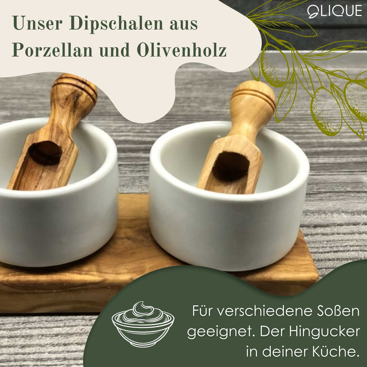 FANO Porzellan-Dipschalen mit Olivenholz-Sockel und Schippchen – Hochwertige Servierware für besondere Anlässe