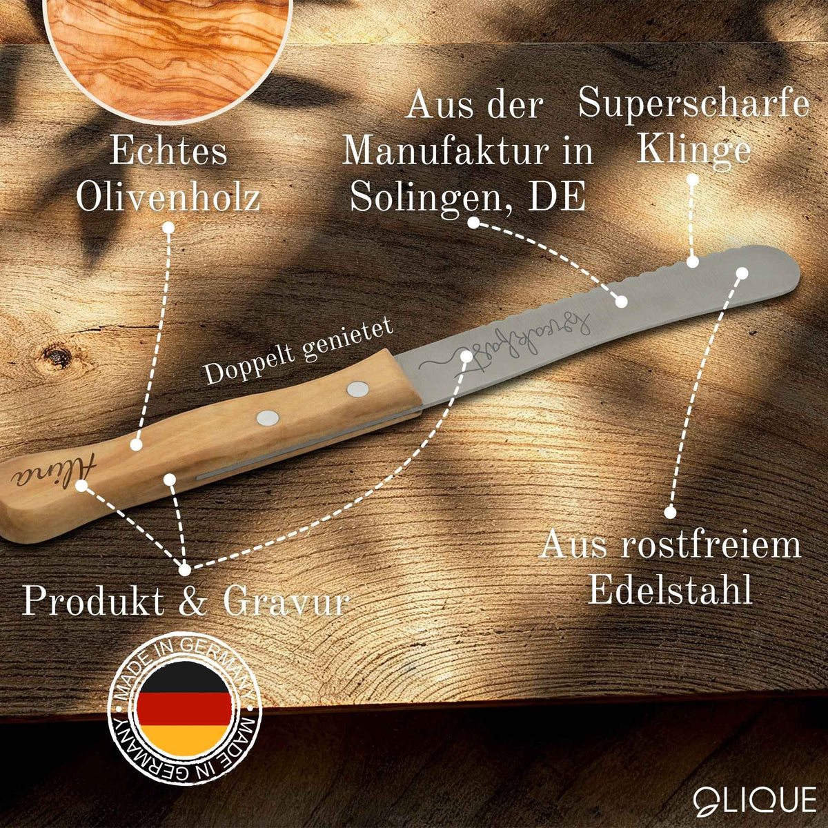 Brötchenmesser personalisiert, Olivenholz - Hochwertiges Solinger Buckelsmesser