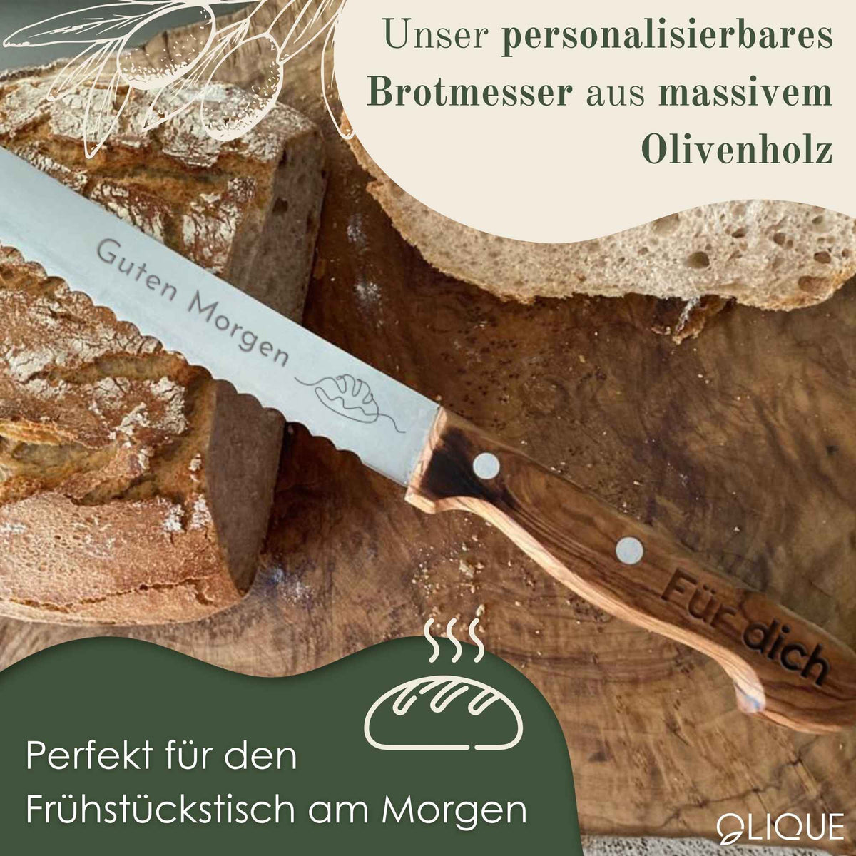 Brotmesser personalisiert, Olivenholz - Hochwertiges Solinger Brotschneidemesser