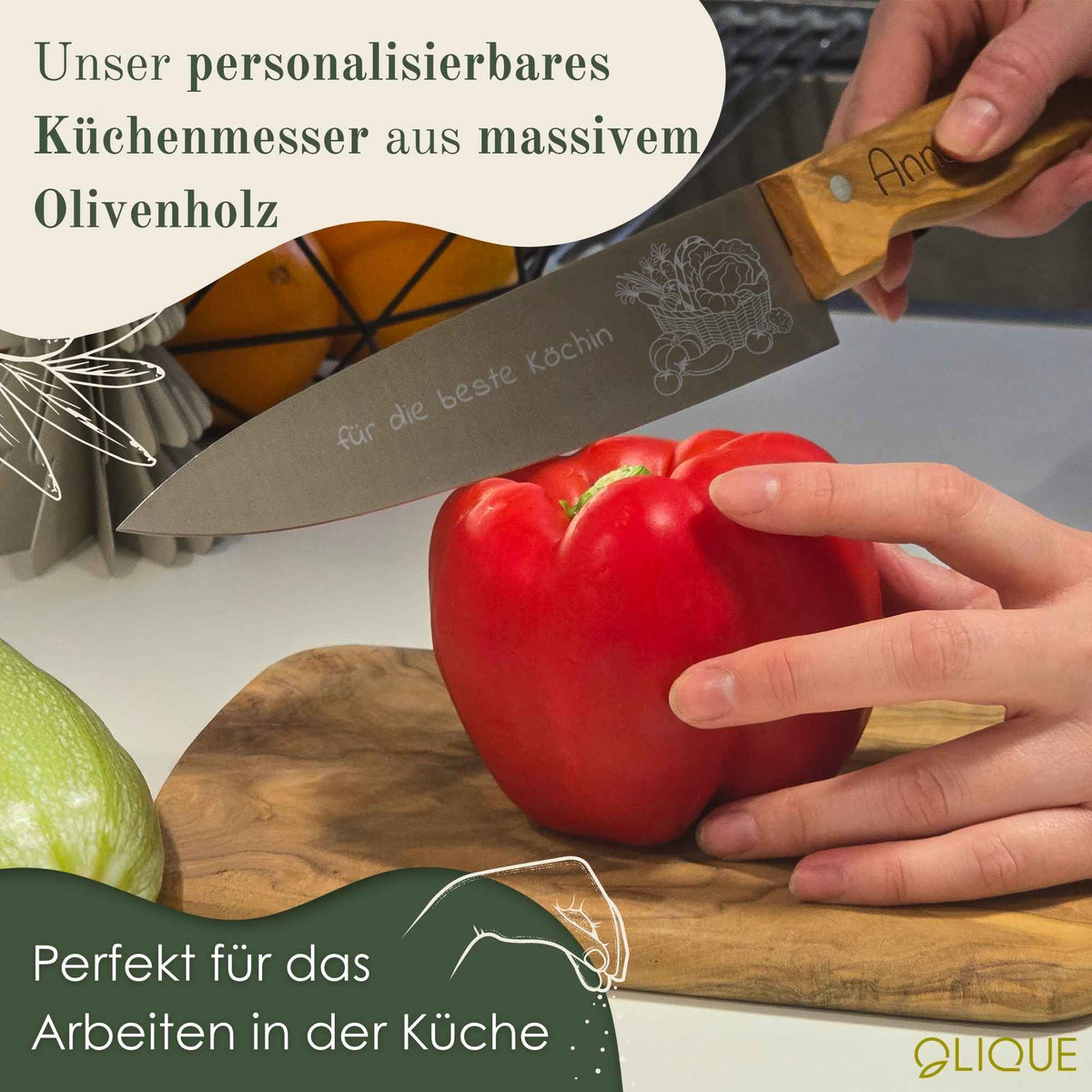 Küchenmesser personalisiert, Olivenholz - Hochwertiges Solinger Kochmesser