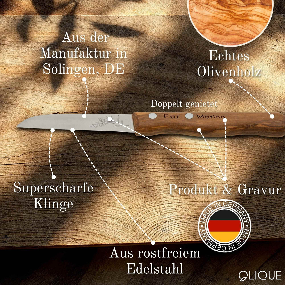 Gemüsemesser mit Olivenholzgriff – Personalisierbar mit Gravur