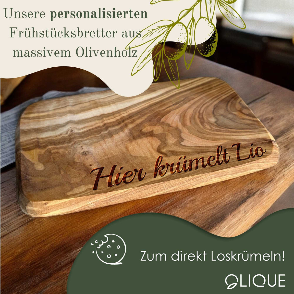 Frühstücksbrettchen personalisiert, Olivenholz - Hochwertiges Vesperbrett mit Gravur als individuelles Geschenk