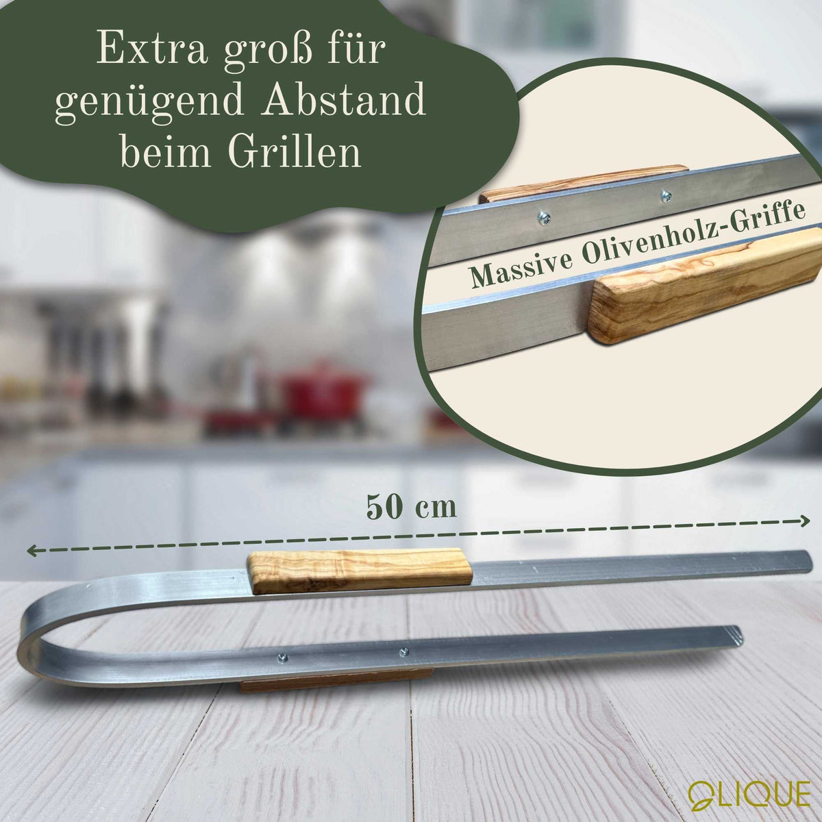 Grillzange XXL 50 cm – personalisierbar mit Gravur, Aluminiumzange und Olivenholzgriff