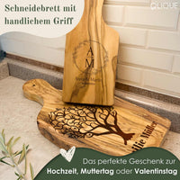 Kräuterbrett mit Griff personalisiert, Olivenholz - Rustikales Olivenholzbrett mit Gravur als Hochzeitsgeschenk