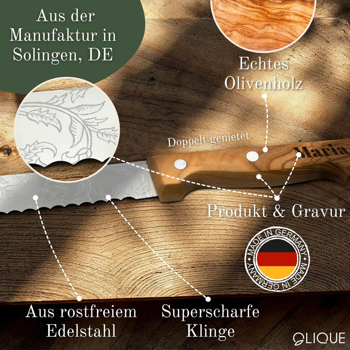 Brotmesser personalisiert, Olivenholz - Hochwertiges Solinger Brotschneidemesser