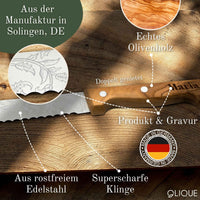 Brotmesser personalisiert, Olivenholz - Hochwertiges Solinger Brotschneidemesser