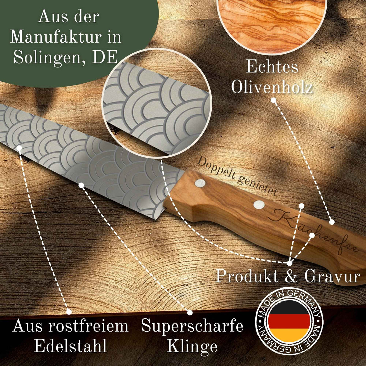 Küchenmesser personalisiert, Olivenholz - Hochwertiges Solinger Kochmesser