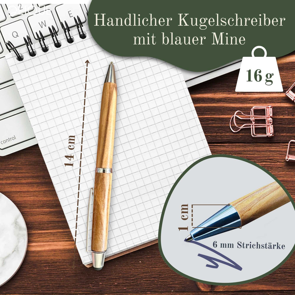 Kugelschreiber personalisiert, Olivenholz - Edler Holzkugelschreiber mit Gravur und Samtetui als individuelles Geschenk