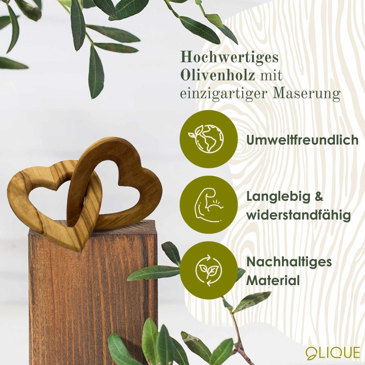 Verbundenes Herz aus Olivenholz – Symbol der Liebe und Verbundenheit