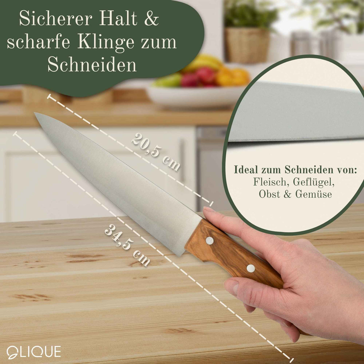 Küchenmesser personalisiert, Olivenholz - Hochwertiges Solinger Kochmesser