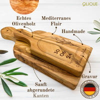 Kräuterbrett mit Griff personalisiert, Olivenholz - Rustikales Olivenholzbrett mit Gravur als Hochzeitsgeschenk
