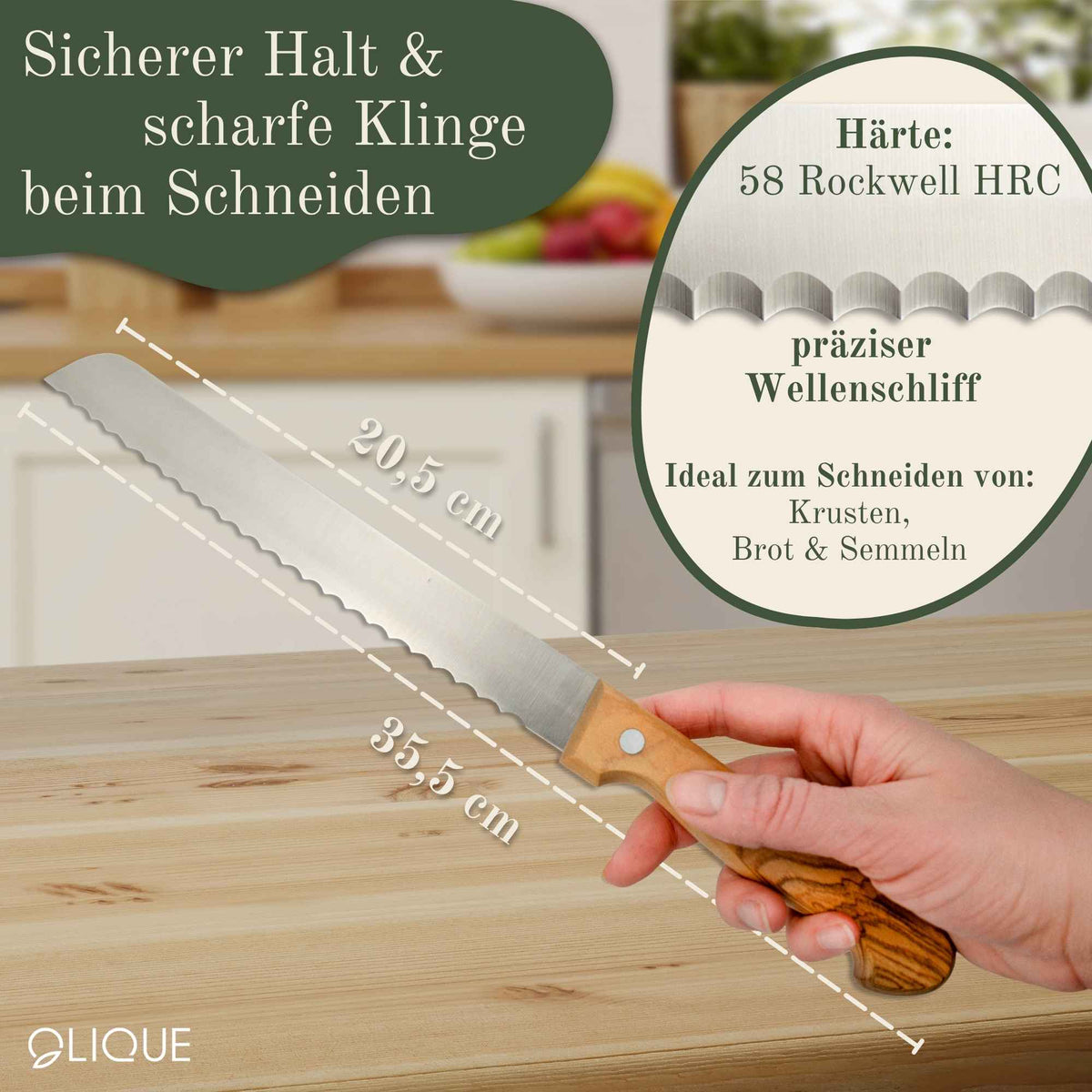 Brotmesser personalisiert, Olivenholz - Hochwertiges Solinger Brotschneidemesser