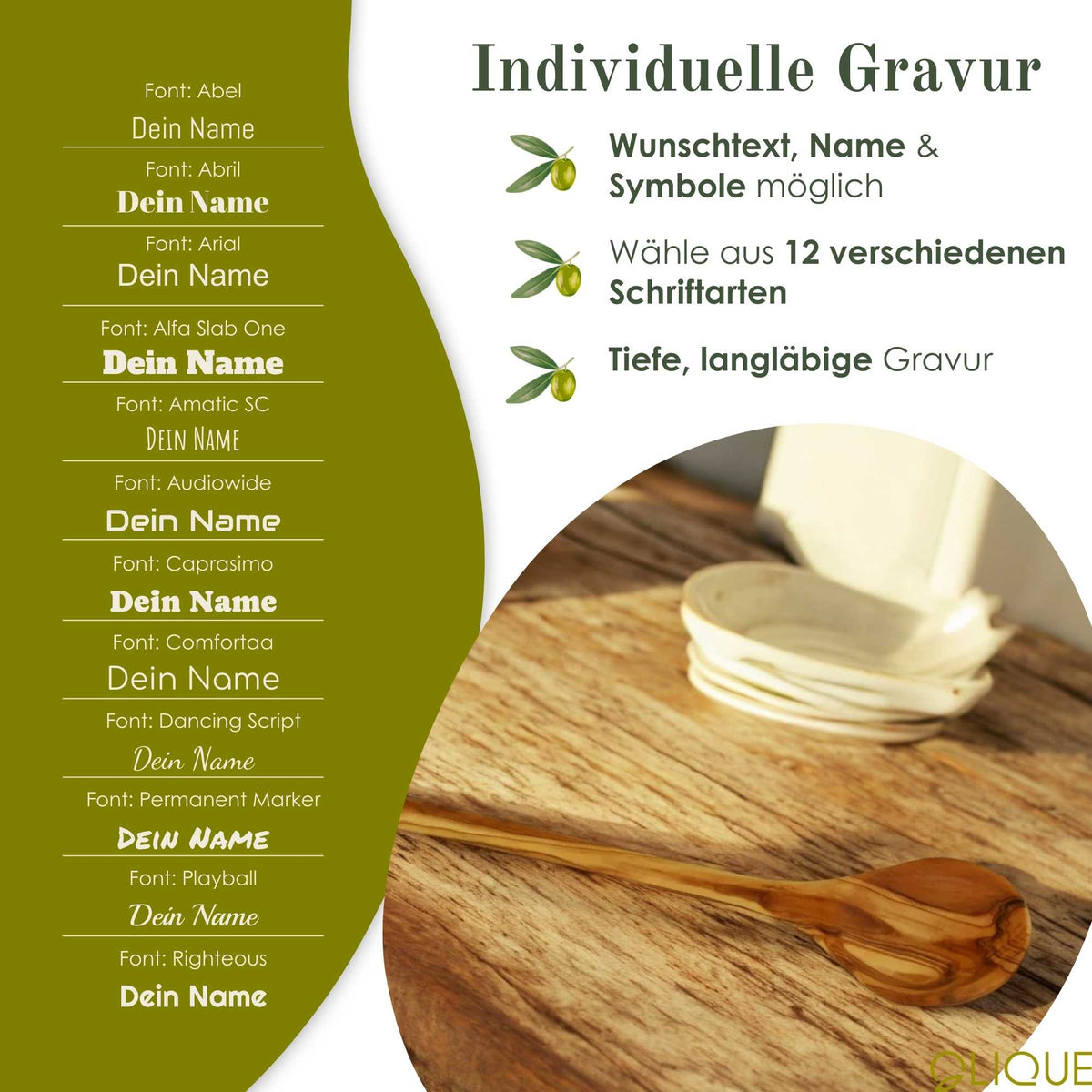 Kochlöffel personalisiert, Olivenholz - Handgemachter Holzkochlöffel mit Gravur als individuelles Geschenk