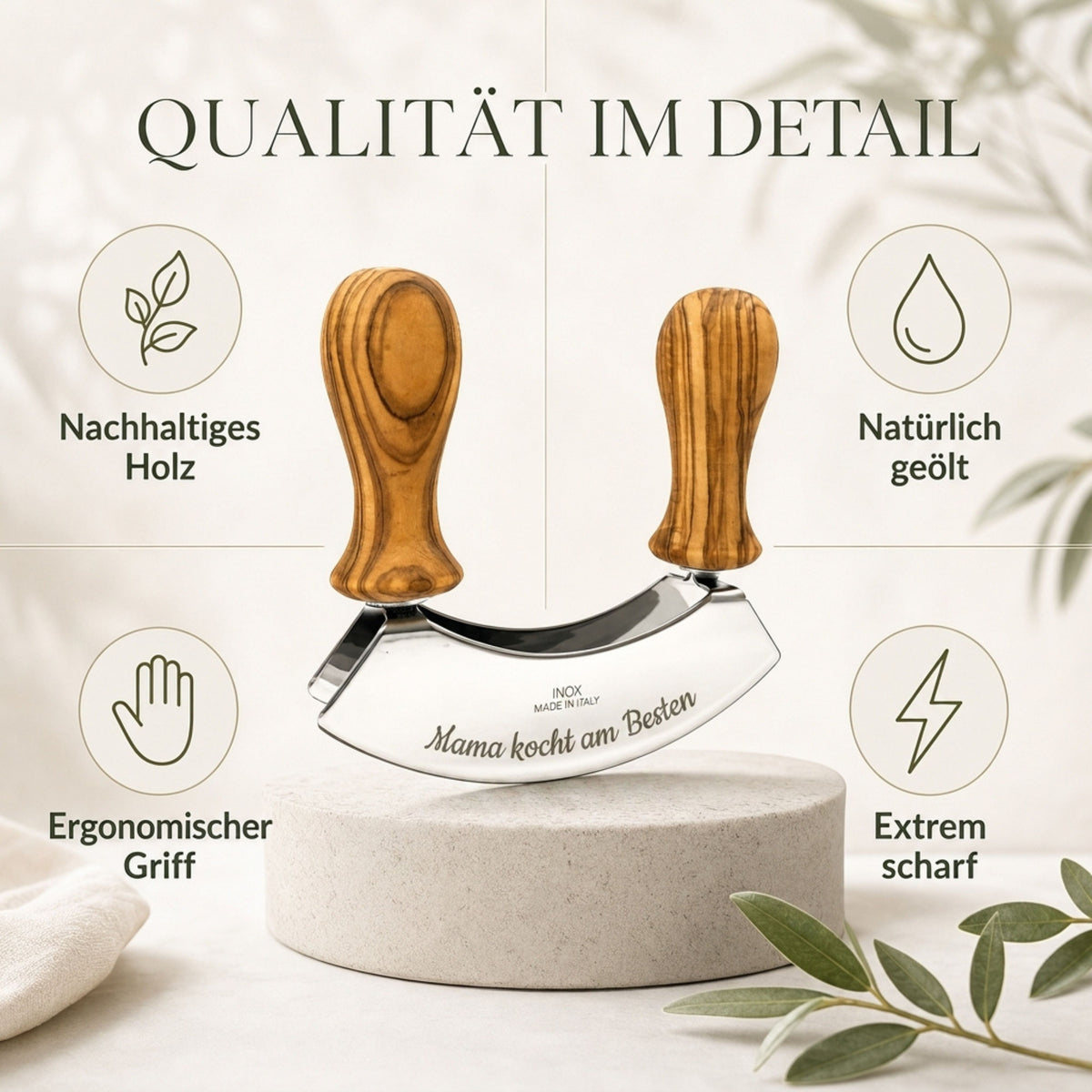 Wiegemesser mit Olivenholzgriffen für Kräuter
