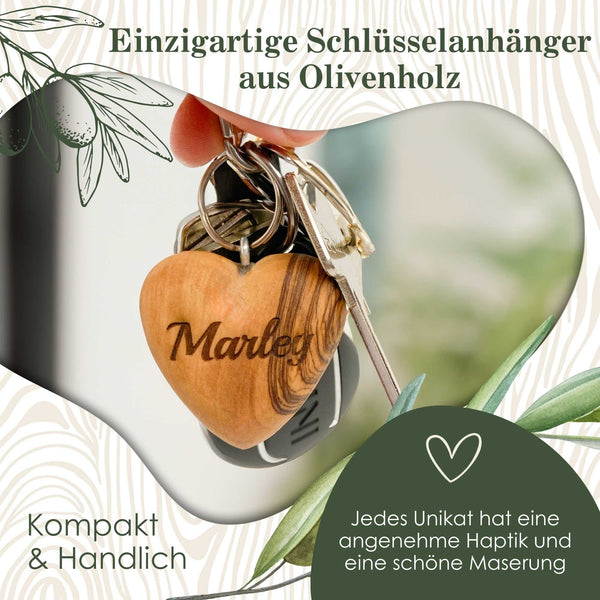 Schlüsselanhänger personalisiert, Olivenholz - Handgemachter Anhänger mit Gravur als individuelles Geschenk