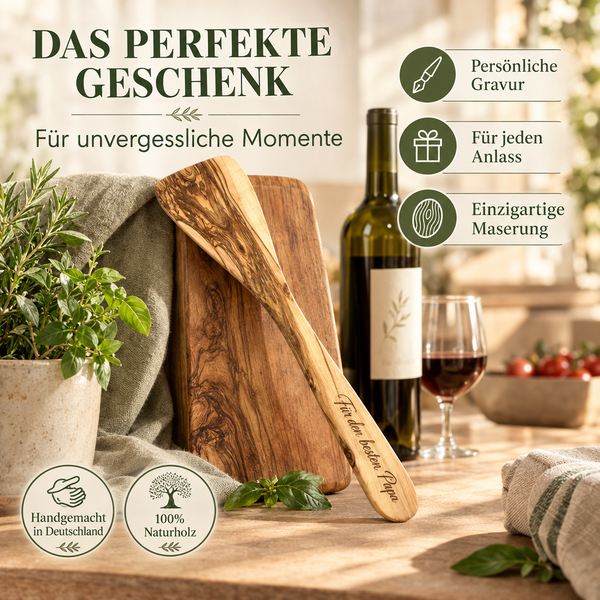 Pfannenwender personalisiert aus Olivenholz – Handgemachtes Geschenk mit indiv. Maserung