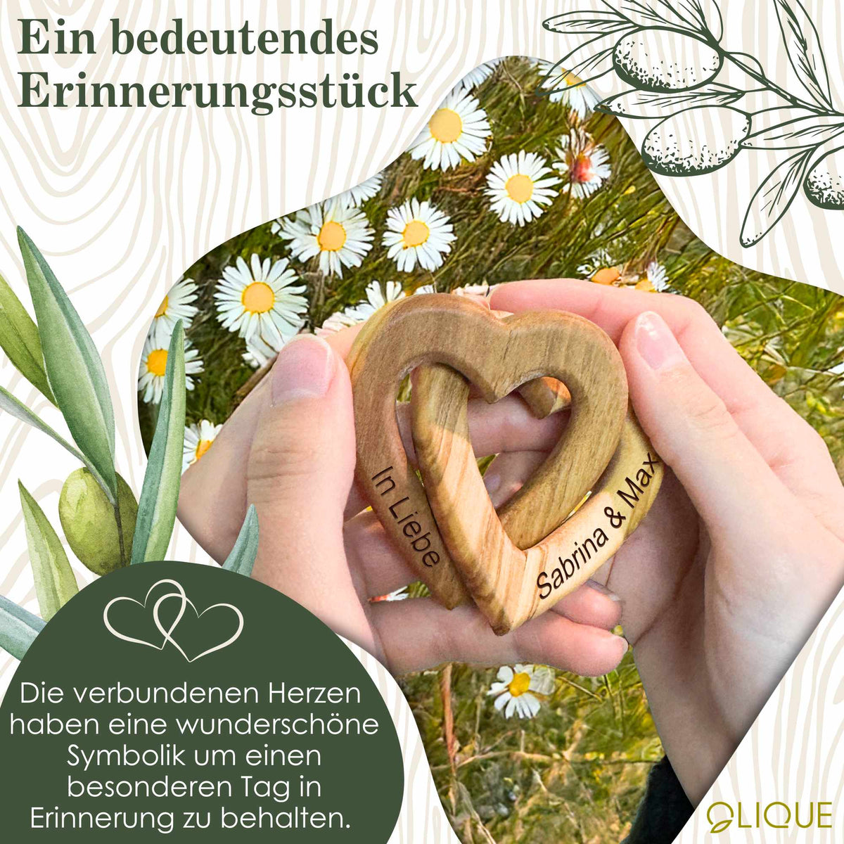 Verbundenes Herz aus Olivenholz – Symbol der Liebe und Verbundenheit