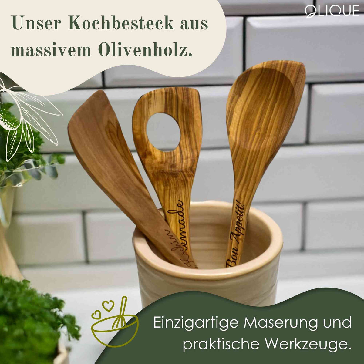 Kochlöffel Set aus Olivenholz, gravierbar & robust