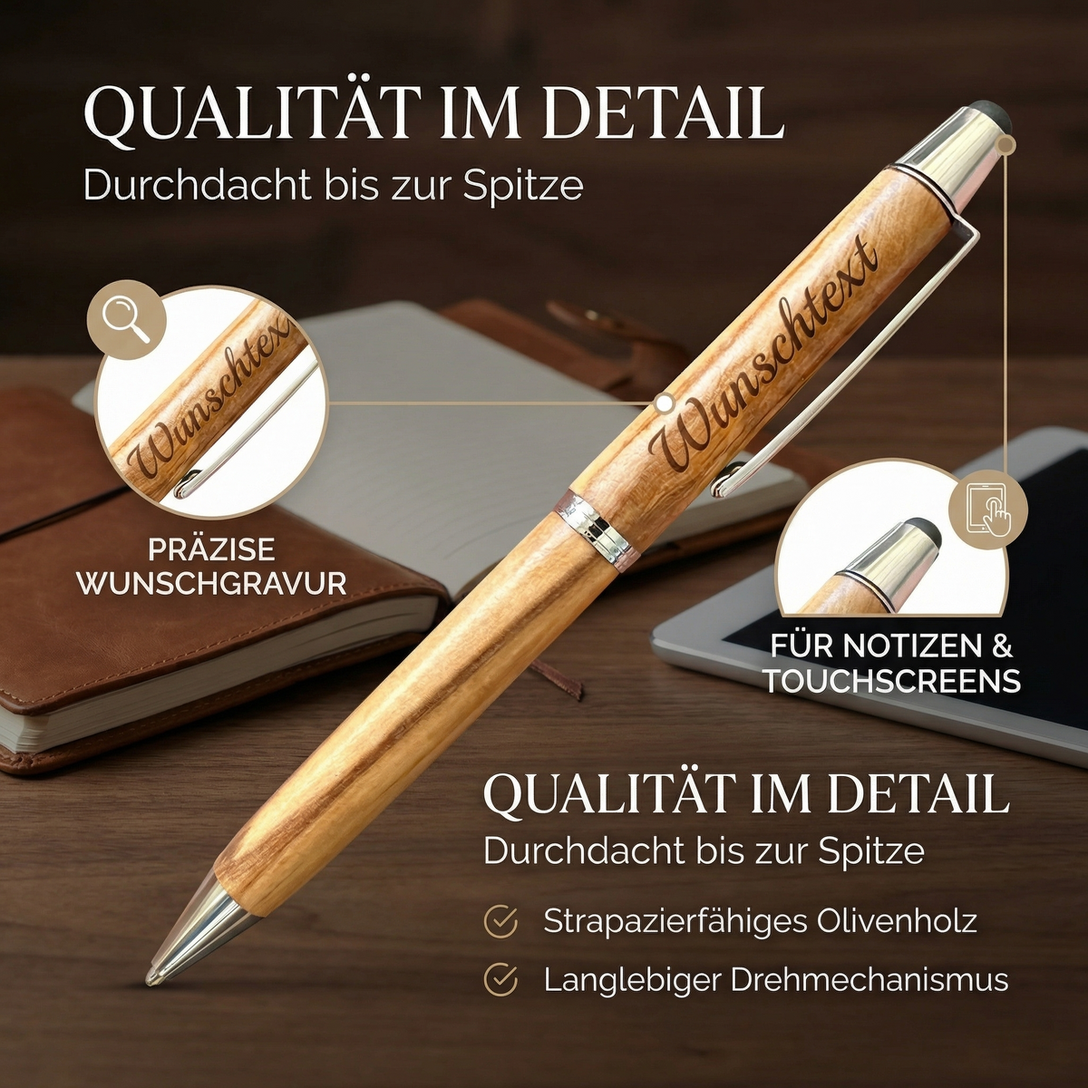Kugelschreiber personalisiert, Olivenholz - Edler Holzkugelschreiber mit Gravur und Samtetui als individuelles Geschenk