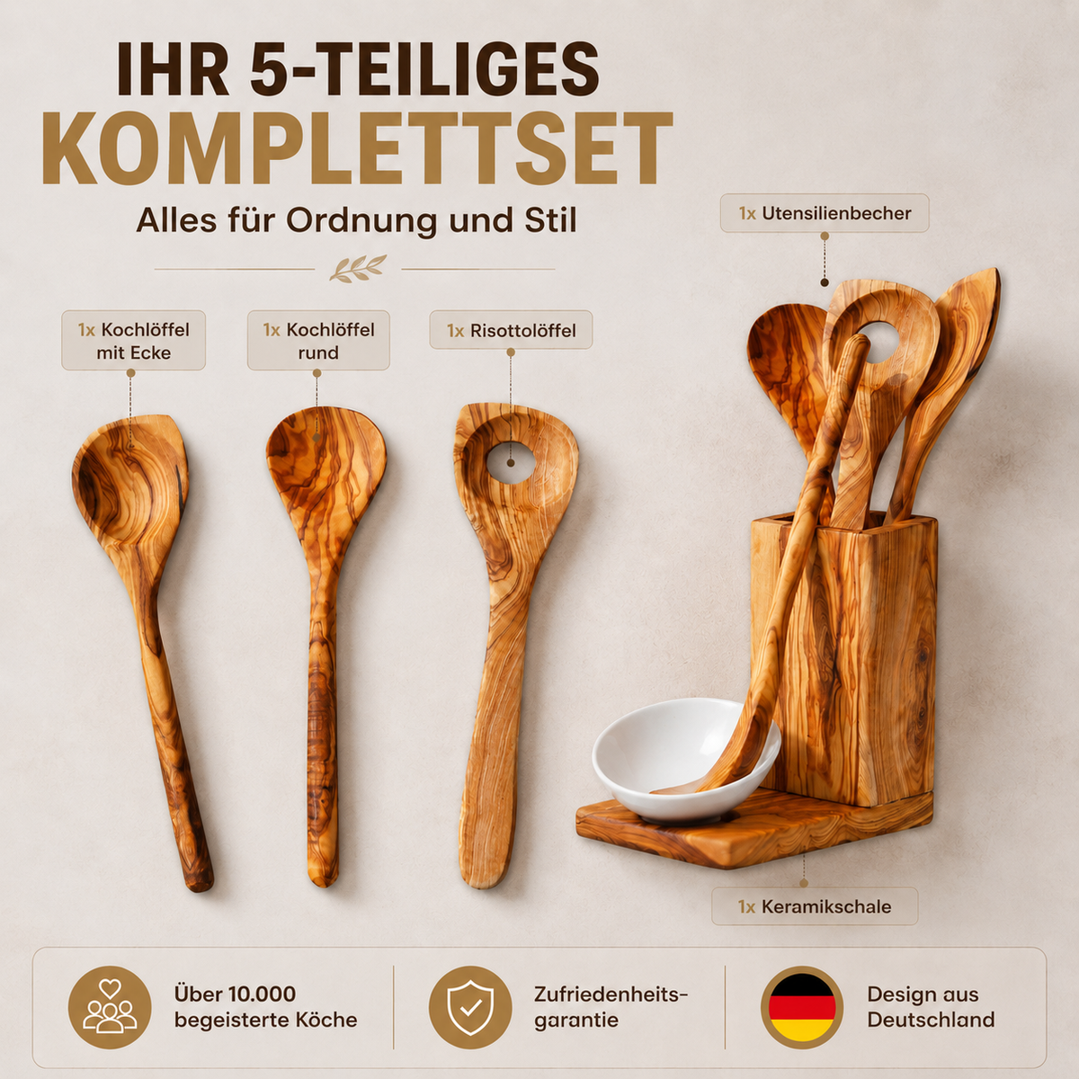 5-teiliges Küchenset aus Olivenholz – Hochwertige Kochlöffel mit Keramikschale, langlebig, nachhaltig & personalisierbar