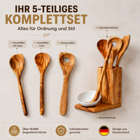 5-teiliges Küchenset aus Olivenholz – Hochwertige Kochlöffel mit Keramikschale, langlebig, nachhaltig & personalisierbar