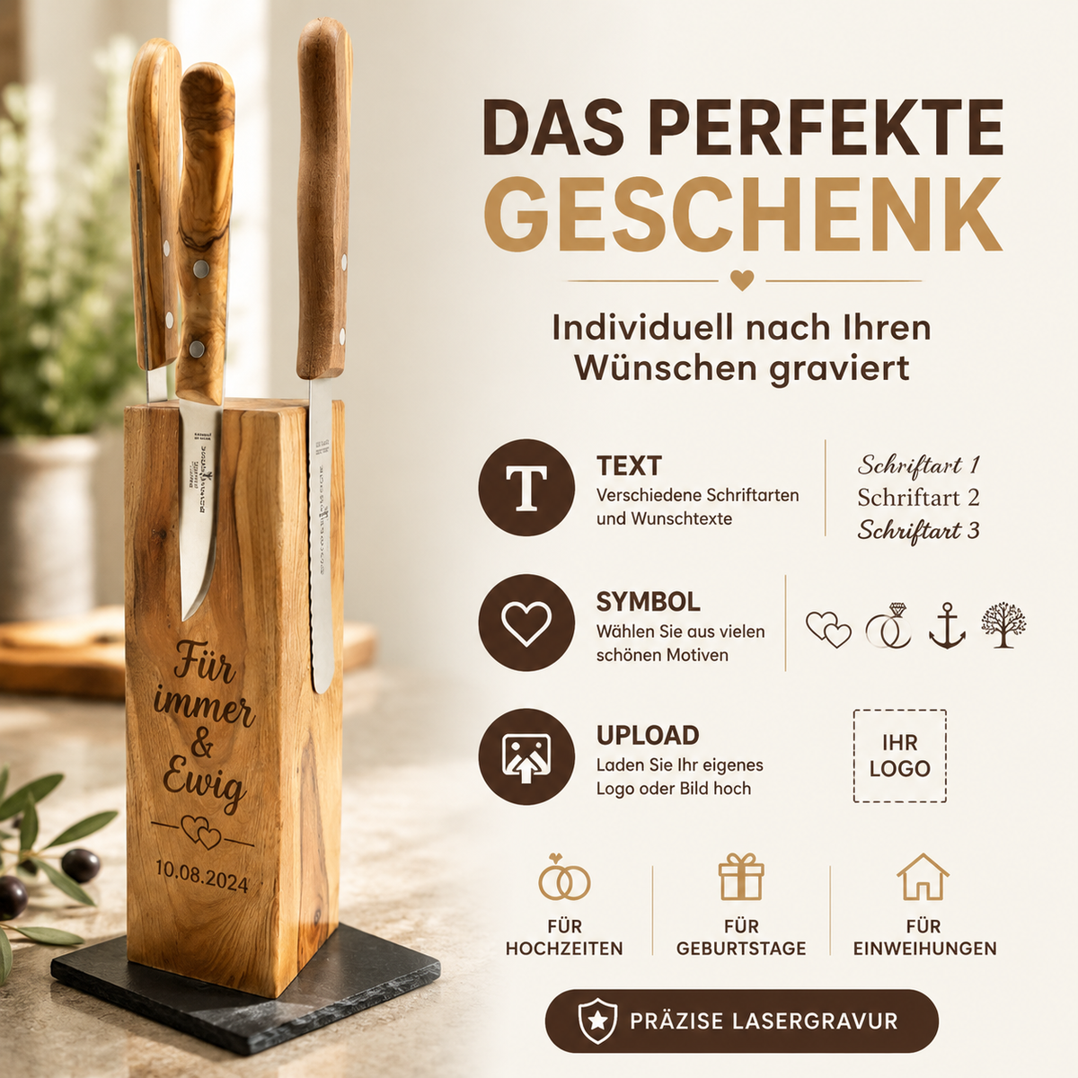 Exklusiver Messerblock Tower aus Olivenholz mit Wunschgravur