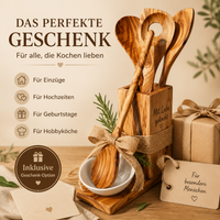 5-teiliges Küchenset aus Olivenholz – Hochwertige Kochlöffel mit Keramikschale, langlebig, nachhaltig & personalisierbar