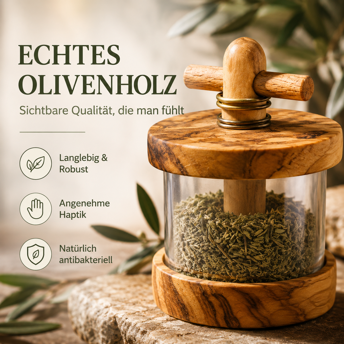 Kräutermühle aus Olivenholz mit Mahlwerk für Kräuter & Gewürze