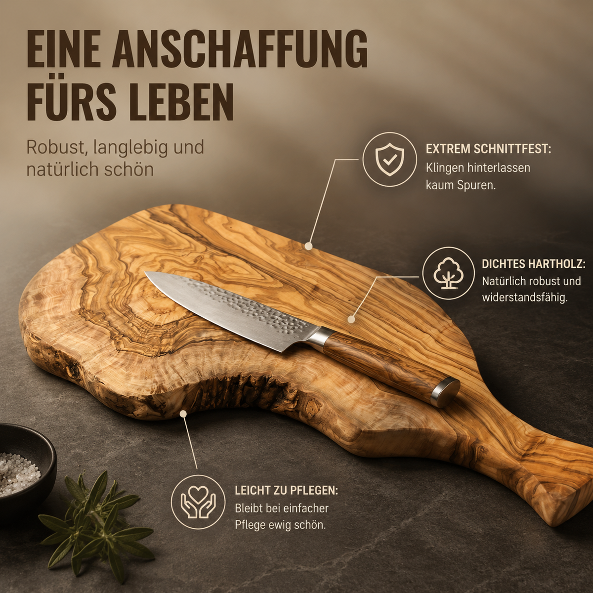Personalisiertes Servierbrett aus Olivenholz mit Griff & rustikalem Rand