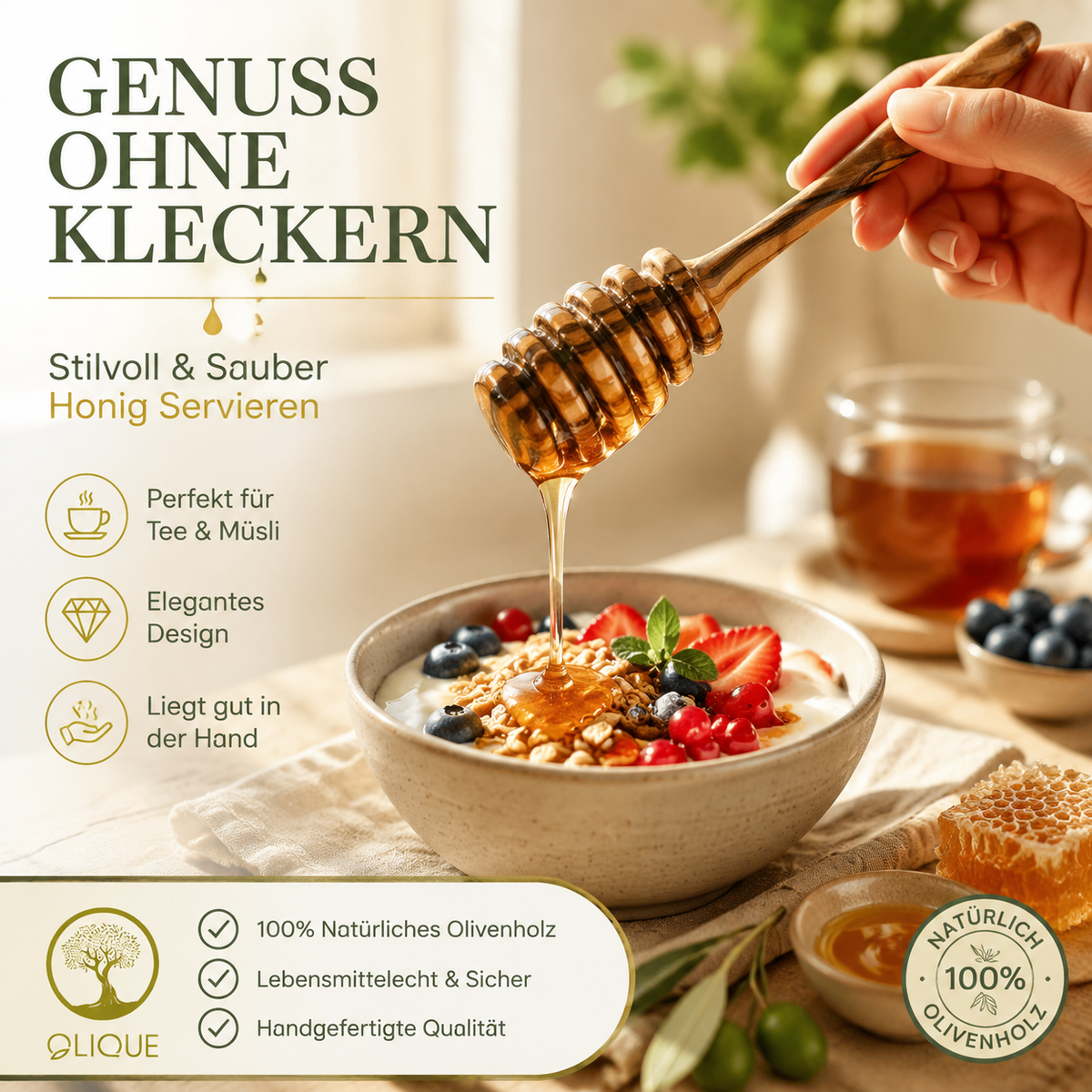 Personalisierbarer Honigheber 14 cm aus Olivenholz – Hochwertiger Honiglöffel für präzises Portionieren