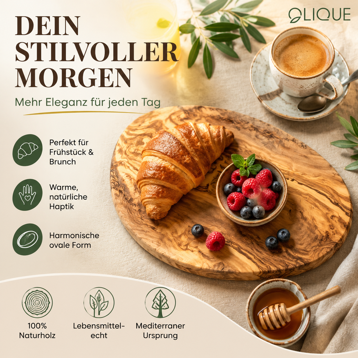 Ovales Holzbrett – Frühstücksbrett aus Olivenholz